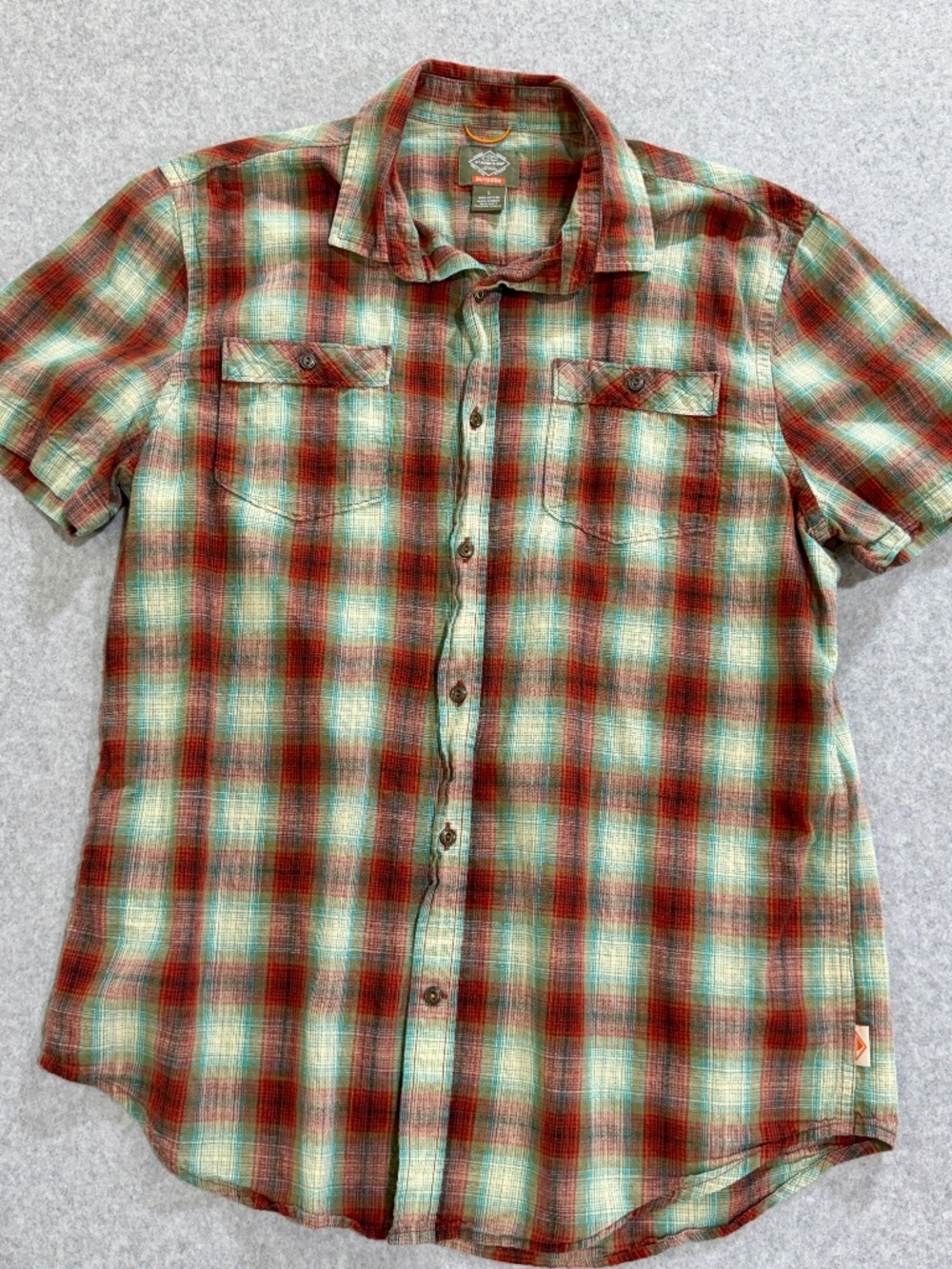St Johns Bay Mens L Casual Short Sleeve Button Up Shirt Green Orange Plaid